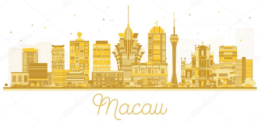 Macau China City Skyline Silhouette with Golden Buildings Isolated on White. Vector Illustration. Business Travel and Tourism Concept with Modern Architecture. Macau Cityscape with Landmarks.