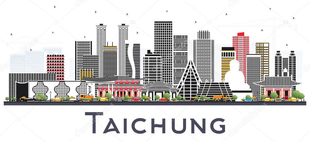 Taichung Taiwan City Skyline with Gray Buildings Isolated on White. Vector Illustration. Travel and Tourism Concept with Historic Architecture. Taichung China Cityscape with Landmarks.