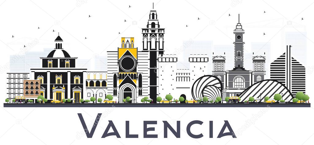 Valencia Spain City Skyline with Color Buildings Isolated on White. Vector Illustration. Business Travel and Tourism Concept with Historic Architecture. Valencia Cityscape with Landmarks.