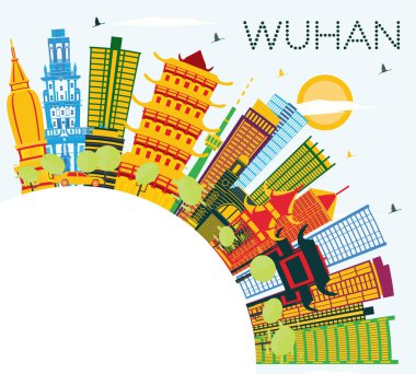 Wuhan Çin şehir manzarası ile renk binalar, mavi gökyüzü ve kopya