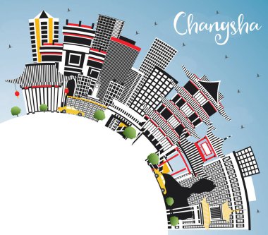 Changsha Çin şehir manzarası ile gri binalar, mavi gökyüzü ve Co