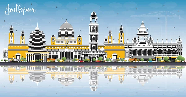 Jodhpur indien city skyline mit farbigen Gebäuden, blauem Himmel und re — Stockvektor