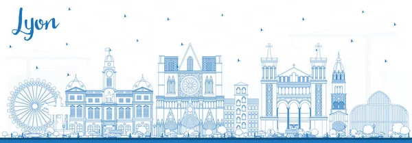 Zarys Lyon Francja panoramę z niebieskie budynki. — Wektor stockowy