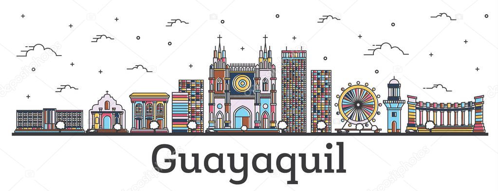 Outline Guayaquil Ecuador City Skyline with Color Buildings Isol
