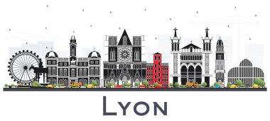 Lyon Fransa şehir manzarası ile renk üzerine beyaz izole binalar.