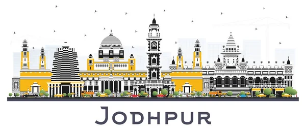 Jodhpur india city skyline mit farbigen Gebäuden isoliert auf whit — Stockvektor