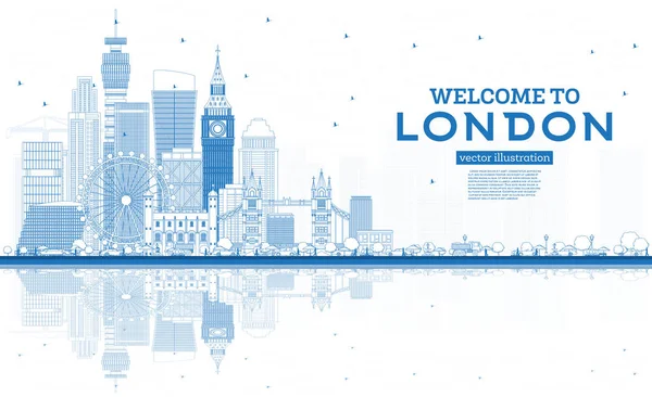 Esquema Bienvenido a London England Skyline con Blue Buildings y — Archivo Imágenes Vectoriales
