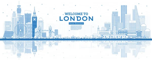Esquema Bienvenido a London England Skyline con Blue Buildings y — Archivo Imágenes Vectoriales