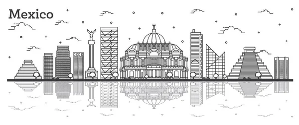 Esquema del horizonte de la Ciudad de México con edificios históricos y reflejos — Vector de stock