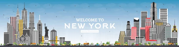 Ласкаво просимо на горизонт Нью-Йорка США з сірого будівель та Синє небо — стоковий вектор