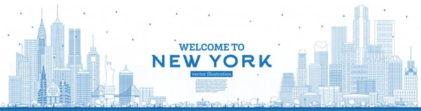 Esquema Bienvenido a New York USA Skyline con edificios azules . — Vector de stock