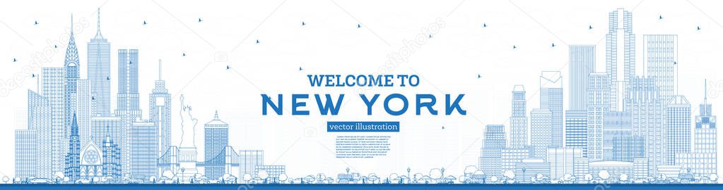 Outline Welcome to New York USA Skyline with Blue Buildings. 