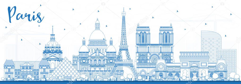 Outline Paris France City Skyline with Blue Buildings. 