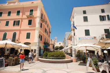 Street Shop and Cafe with Tourists in Santa Teresa Gallura City, clipart