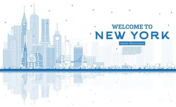 Добро пожаловать в Нью-Йорк США Skyline с голубыми зданиями и — стоковый вектор