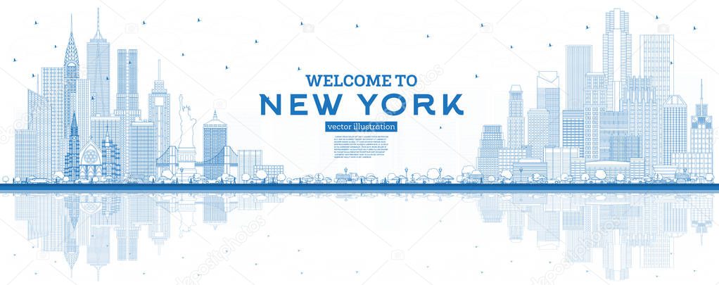 Outline Welcome to New York USA Skyline with Blue Buildings and 