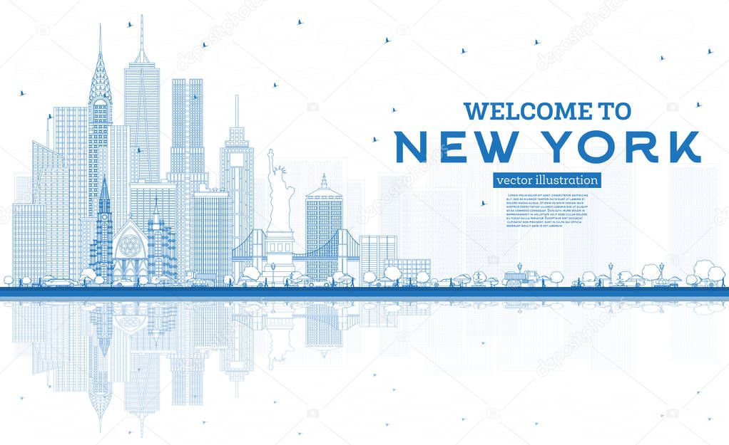 Outline Welcome to New York USA Skyline with Blue Buildings and 