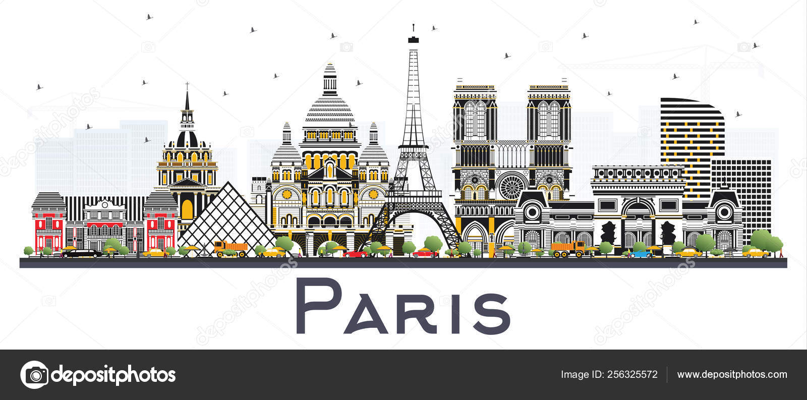 Paris France City Skyline С Цветными Зданиями, Изолированными На.
