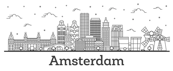 Outline Amsterdam Netherlands City Skyline con Historic Buildin — Vettoriale Stock