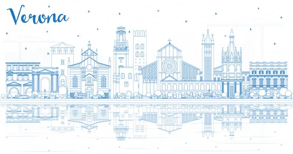 ブルーの建物とリフレックでヴェローナイタリアシティのスカイラインを輪郭を描きます — ストックベクタ
