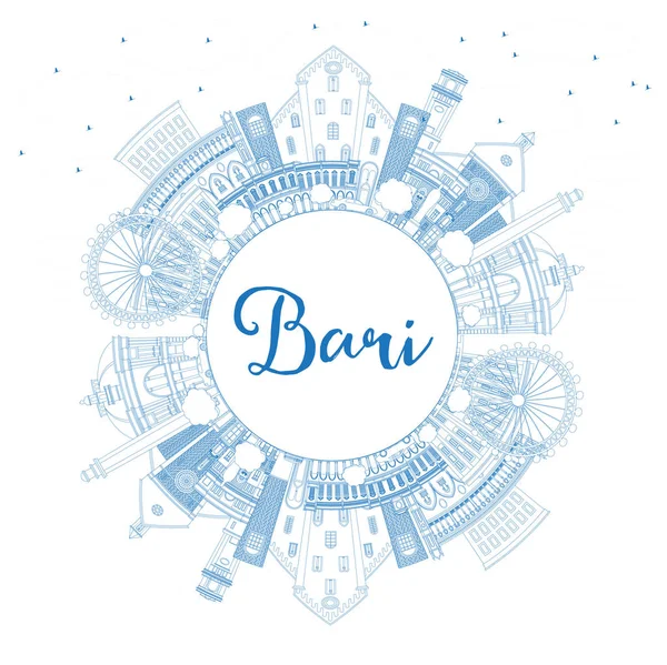 Σκιαγράφηση της πόλης Bari Italy με γαλάζια κτήρια και Φωτοτυπικό σπα — Διανυσματικό Αρχείο