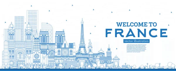 Přehled Vítejte na francouzském panoramatu s modrými budovami. — Stockový vektor
