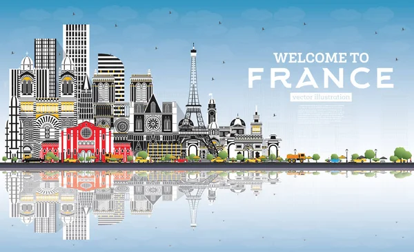 Bienvenue en France Skyline avec bâtiments gris et ciel bleu . — Image vectorielle