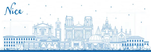 Bosquejo Niza Francia Ciudad Skyline con edificios azules . — Vector de stock