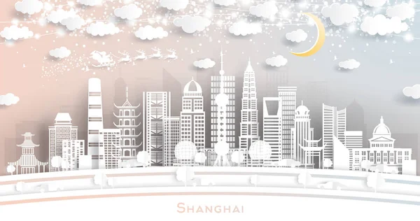 Shanghai China City Skyline Papierschnitt Stil Mit Schneeflocken Mond Und — Stockvektor