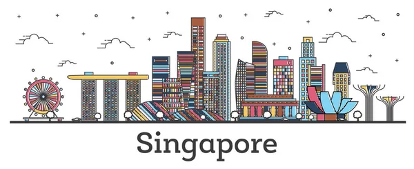 Overzicht Singapore City skyline met kleur gebouwen geïsoleerd op — Stockvector