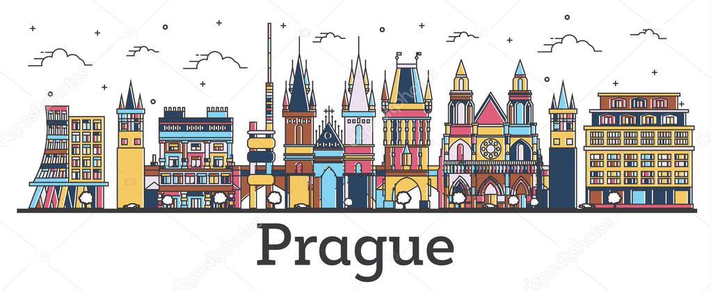 Outline Prague Czech Republic City Skyline with Color Buildings 