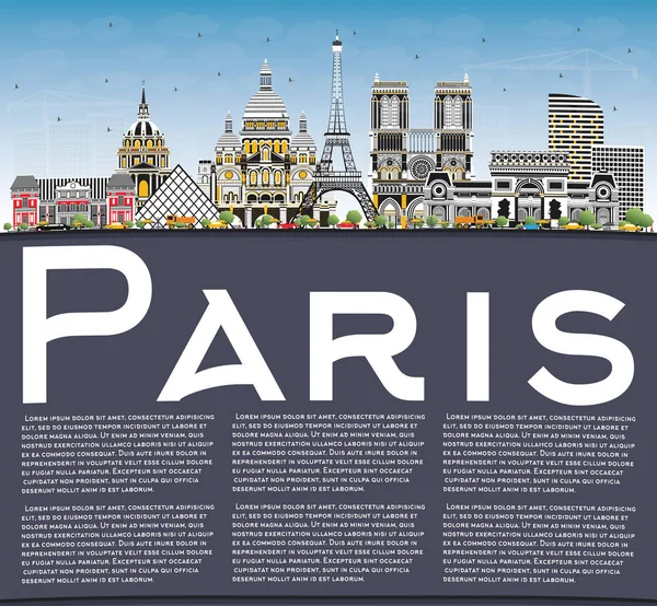 巴黎法国城市天际线与彩色建筑，蓝天和警察 — 图库矢量图片