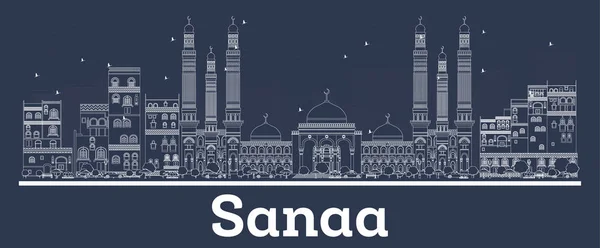 Esquema Sanaa Yemen City Skyline con edificios blancos . — Archivo Imágenes Vectoriales