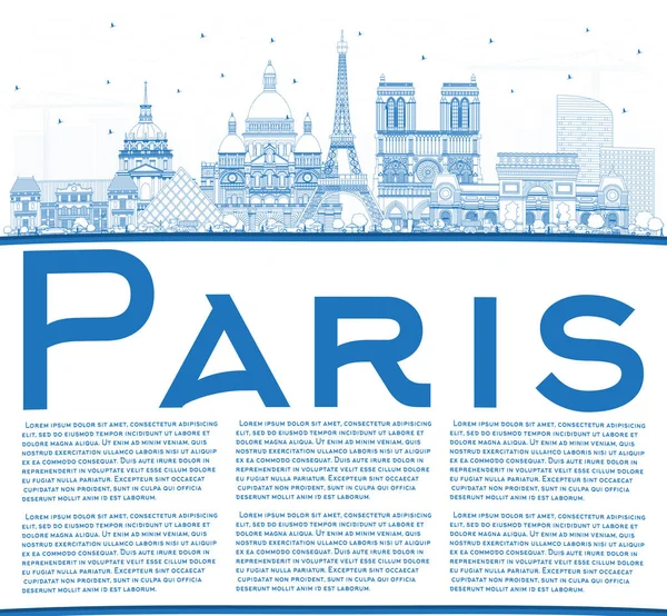 Outline Paris France City Skyline with Blue Buildings and Copy S — Stock Vector
