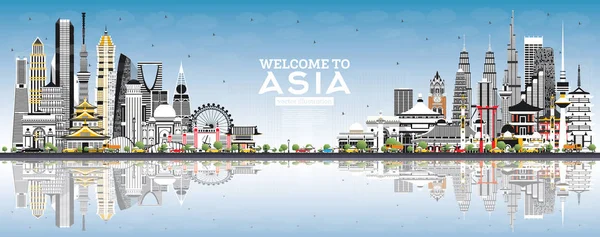 Добро пожаловать в Азию Skyline с серыми зданиями и голубым небом . — стоковый вектор