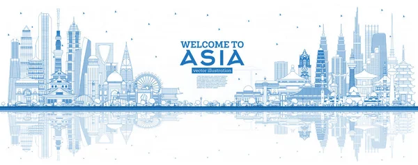 Outline Welcome to Asia Skyline with Blue Buildings. — Stock Vector