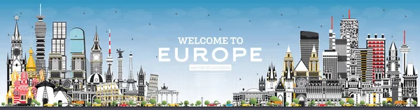 Bienvenido a Europe Skyline con edificios grises y cielo azul . — Vector de stock