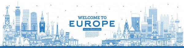 Outline Welcome to Europe Skyline with Blue Buildings. 