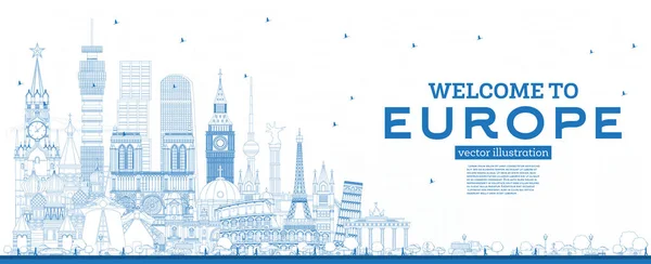 Esquema Bienvenido a Europa Skyline con edificios azules . — Vector de stock