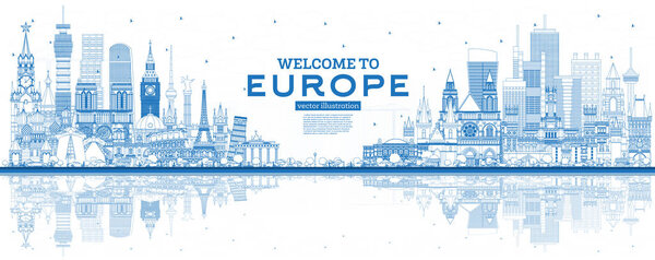 Outline Welcome to Europe Skyline with Blue Buildings. 