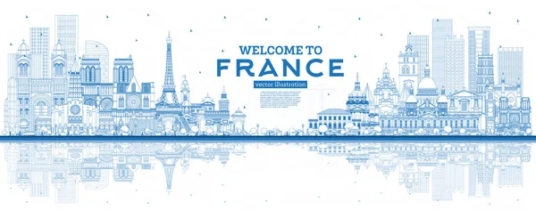 Esquema Bienvenido a France Skyline con edificios azules y reflejos — Vector de stock