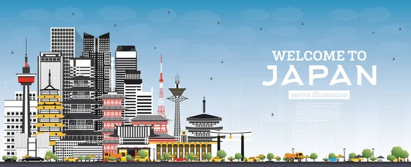 Willkommen in der japanischen Skyline mit grauen Gebäuden und blauem Himmel. — Stockvektor
