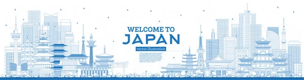 Esquema Bienvenido a Japan Skyline con edificios azules . — Archivo Imágenes Vectoriales