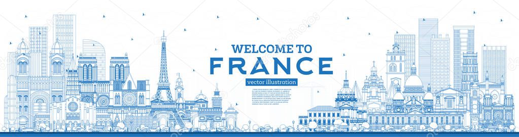 Outline Welcome to France Skyline with Blue Buildings. 