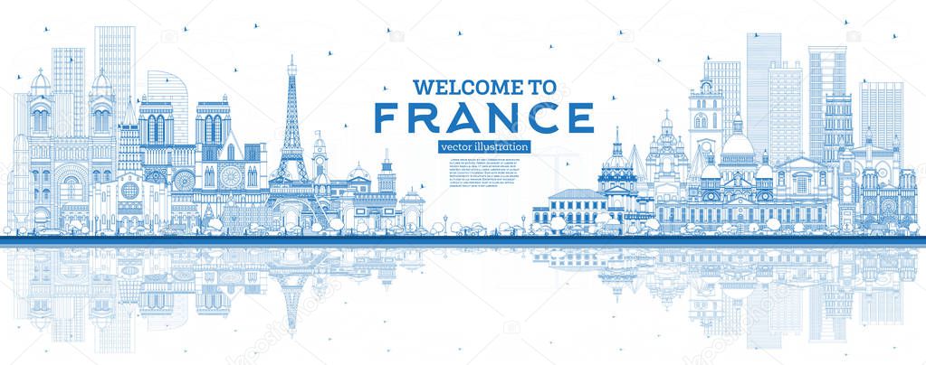 Outline Welcome to France Skyline with Blue Buildings and Reflec