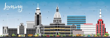 Renk Binalar ve Mavi Gökyüzü ile Lansing Michigan City Skyline.
