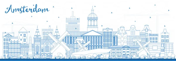 Esquema Amsterdam Holland City Skyline con edificios azules . — Vector de stock