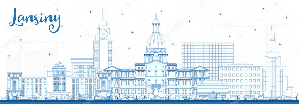 Outline Lansing Michigan City Skyline with Blue Buildings.