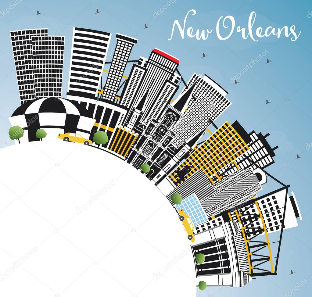 New Orleans Louisiana City Skyline with Gray Buildings, Blue Sky