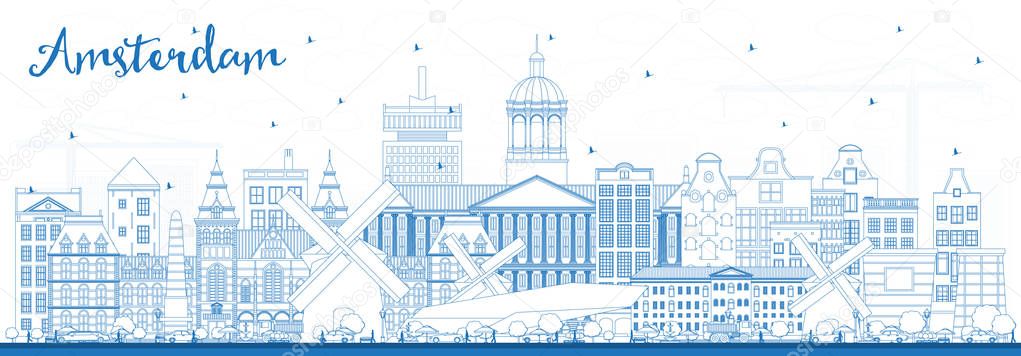 Outline Amsterdam Holland City Skyline with Blue Buildings. 